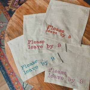 Embroidered Linen Napkins - Please Leave by 9